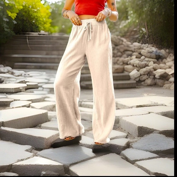 Linen Drawstring High Waisted Casual Loose Fit Wide Long Leg Stretchy Comfy Pant - Picture 2 of 16